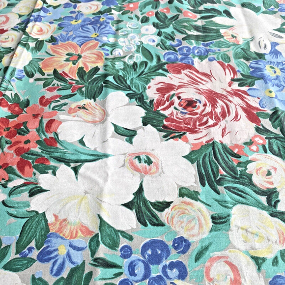 Vintage 1980s tablecloth floral motif green blue pink peach cottage farmhouse - Picture 5 of 6